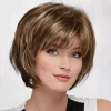 Cross-border foreign trade women's short straight hair, natural and fluffy, side-swept bangs, golden white wig, high-temperature silk synthetic fiber short wig details Picture